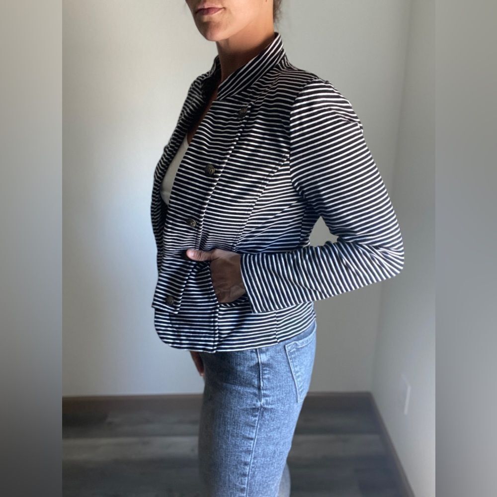 Tommy Hilfiger Stripe Puff Sleeve Jacket Large With Pockets Navy - Picture 4 of 13